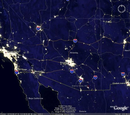 Light Pollution, USA, Southwest, Arizona and California, 2007 